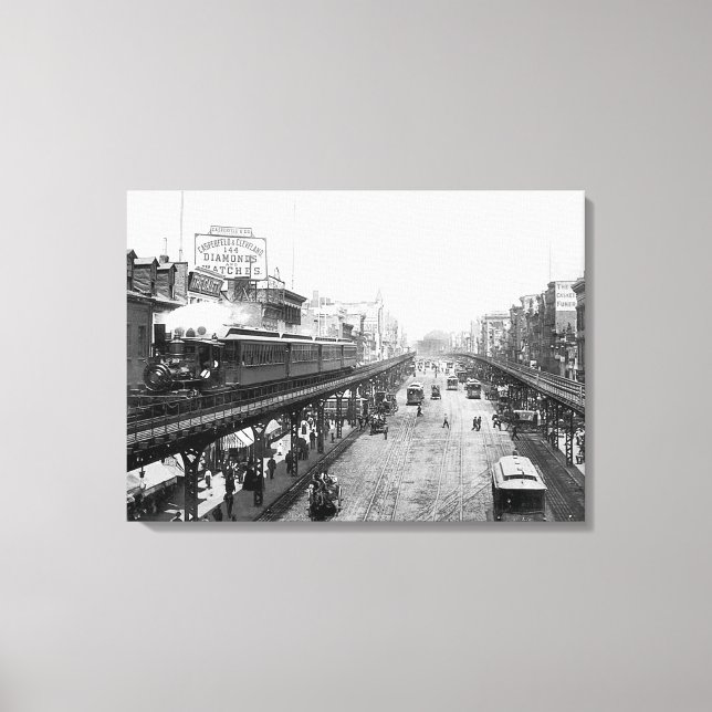 Elevated NYC Steam Train, Above The Bowery (1896) Canvas Print (Front)