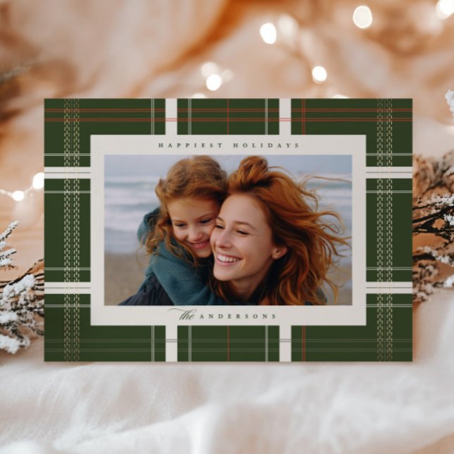 Elevated Plaid Cosy Cabin Forest Beige and Green Holiday Card (Creator Uploaded)