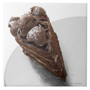 Elevated view of a piece of chocolate cake tile
