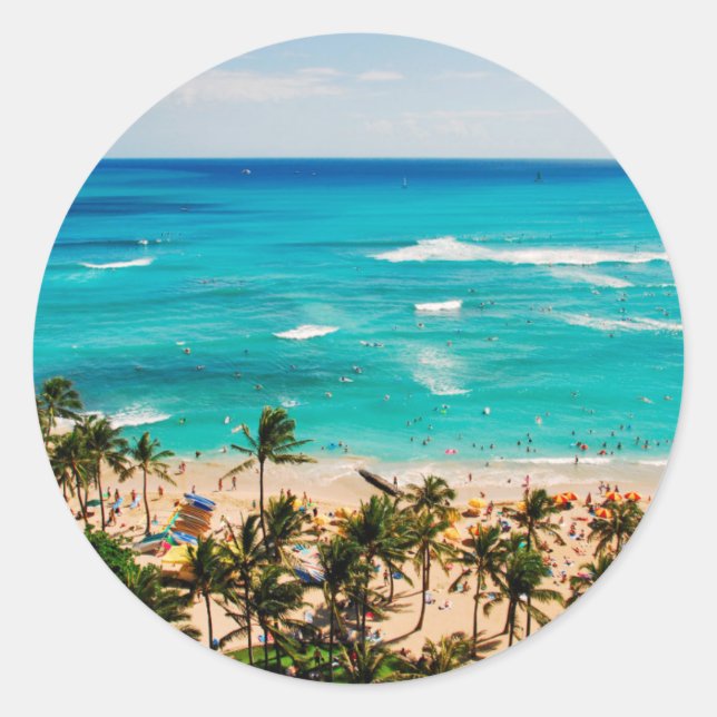 Elevated View Of Waikiki Beach Scene, Honolulu 2 Classic Round Sticker (Front)