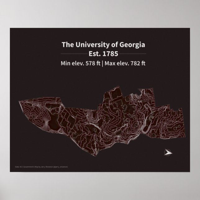 Elevation map of the University of Georgia campus Poster (Front)