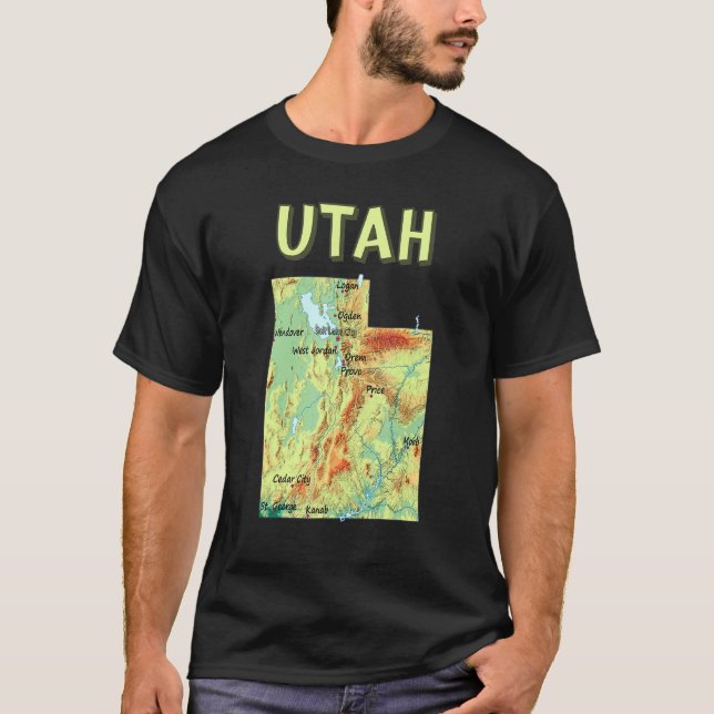 Elevation Map Of Utah State  Major Cities  Lakes   T-Shirt (Front)