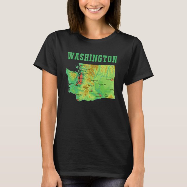 Elevation Map Of Washington State Mountains Lakes  T-Shirt (Front)