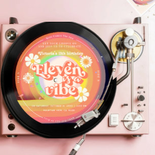 Eleven is a Vibe Groovy Retro Vinyl Rainbow Daisy Invitation