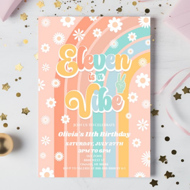 Eleven Is A Vibe Rainbow Daisy 11th Birthday Party Invitation (Creator Uploaded)