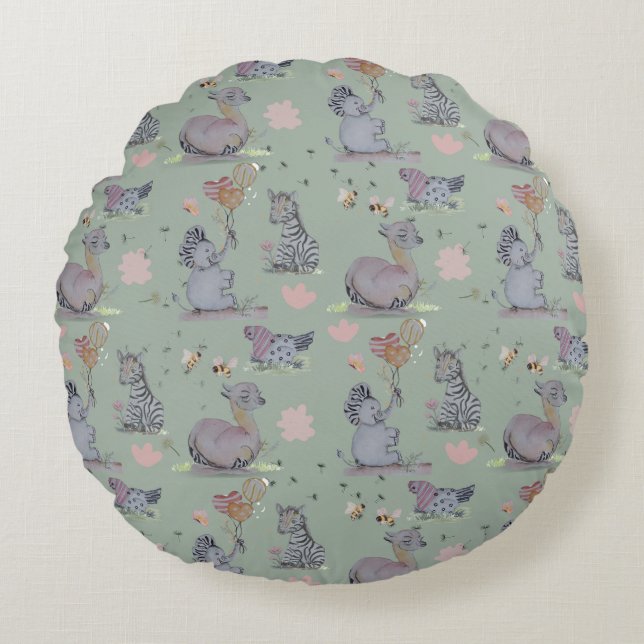 "Eleze Elephant & Polka Hen" Boganhues Round Cushion (Front)