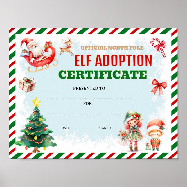Elf adoption certificate award editable poster (Front)