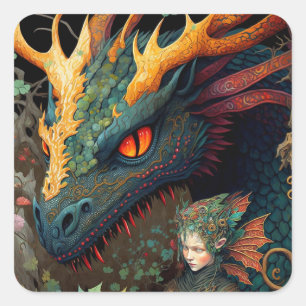 Elf And Dragon Fantasy Art Square Sticker