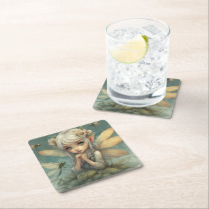 Elf and Dragonfly 2 Square Paper Coaster