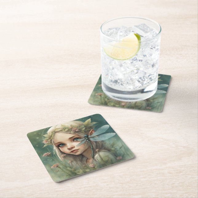 Elf and Dragonfly 3 Square Paper Coaster (Insitu)