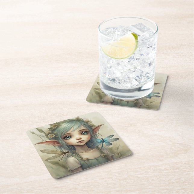 Elf and Dragonfly 4 Square Paper Coaster (Insitu)