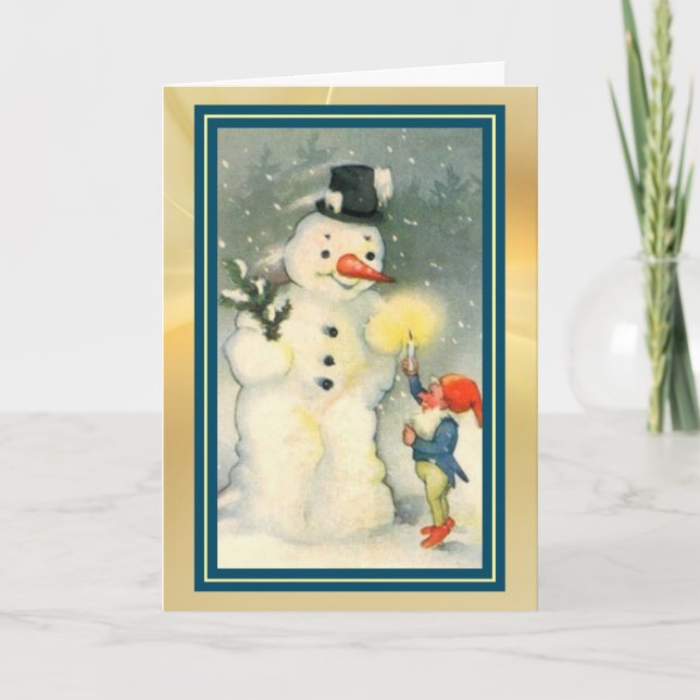 Elf and Snowman Retro Christmas Card (Front)