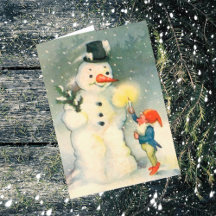 Elf and Snowman Vintage Christmas Card
