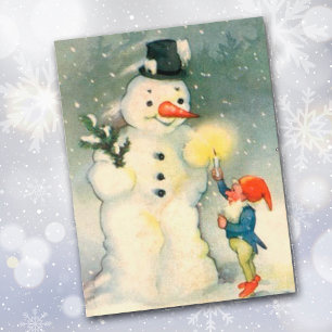 Elf and Snowman Vintage Christmas Postcard