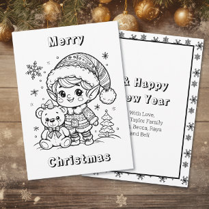 Elf and Teddy Bear Christmas Colour Me Card