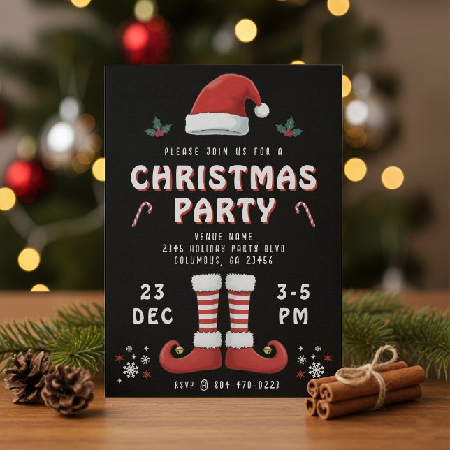Elf Boots Santa Claus Hat Black Christmas Party Invitation (Elf Boots Santa Claus Hat Black Christmas Party Invitation
)