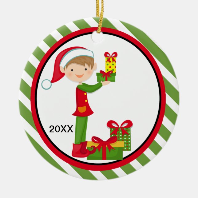 Elf Boy Holding Presents Christmas Ornament (Front)