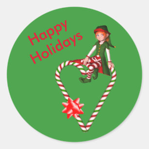 Elf Candy Cane Heart Christmas Holiday  Classic Round Sticker