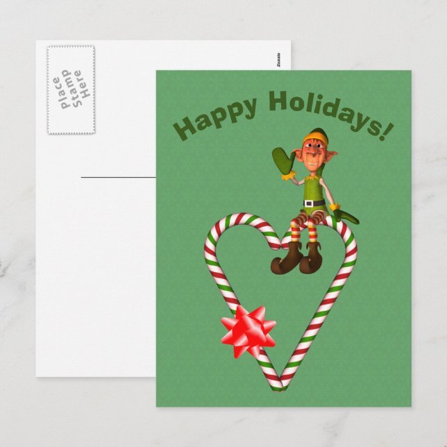 Elf Candy Cane Heart Christmas Holiday Postcard (Front/Back)