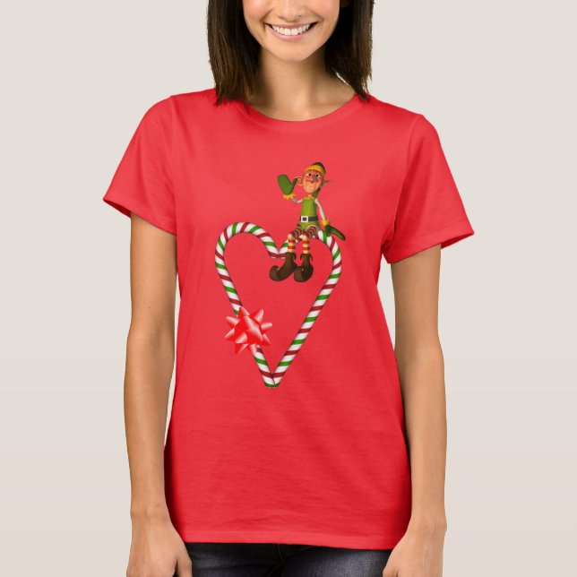 Elf Candy Cane Heart Cute Christmas Holiday T-Shirt (Front)