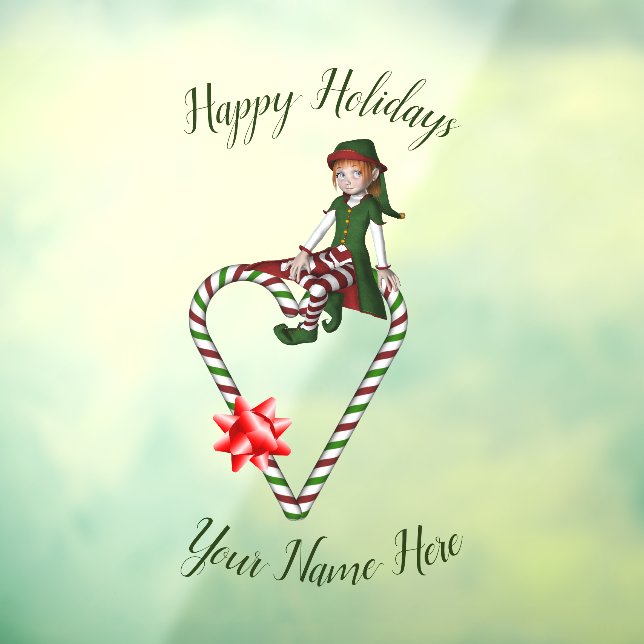 Elf Candy Cane Heart Cute Christmas Holiday   Window Cling (Sheet 3)