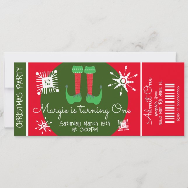 Elf Christmas First Birthday Ticket Party    Invitation (Front)