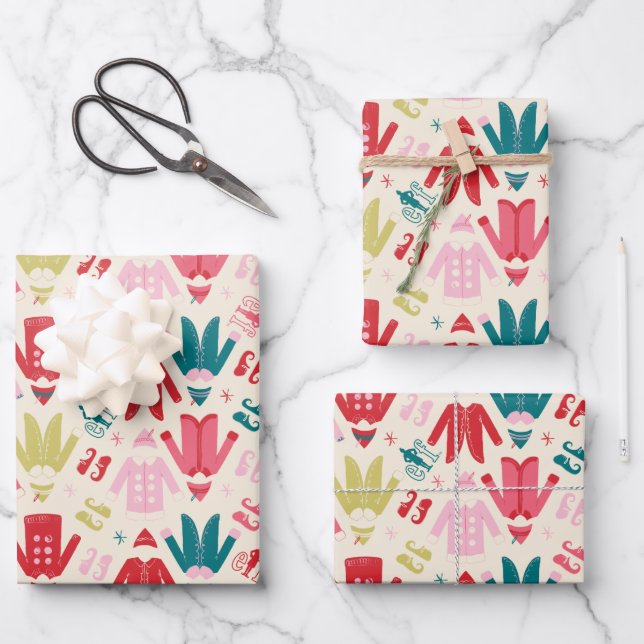 Elf Colourful Coat and Shoes Pattern Wrapping Paper Sheet (Front)