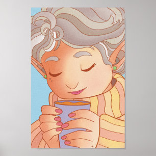 Elf Enjoying a cup of Coffee Poster