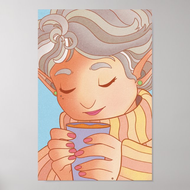 Elf Enjoying a cup of Coffee Poster (Front)