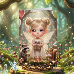 Elf Fairy and Owl Girl's Cottagecore Birthday Card