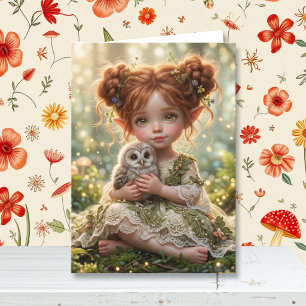 Elf Fairy and Owl Girl's Cottagecore Birthday Card