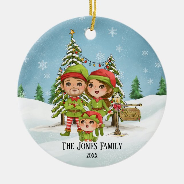 Elf Family of 3 Christmas Ceramic Tree Decoration (Front)