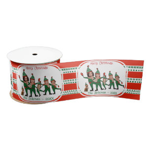 Elf Family of Six Including Dog Red Green Pattern Satin Ribbon