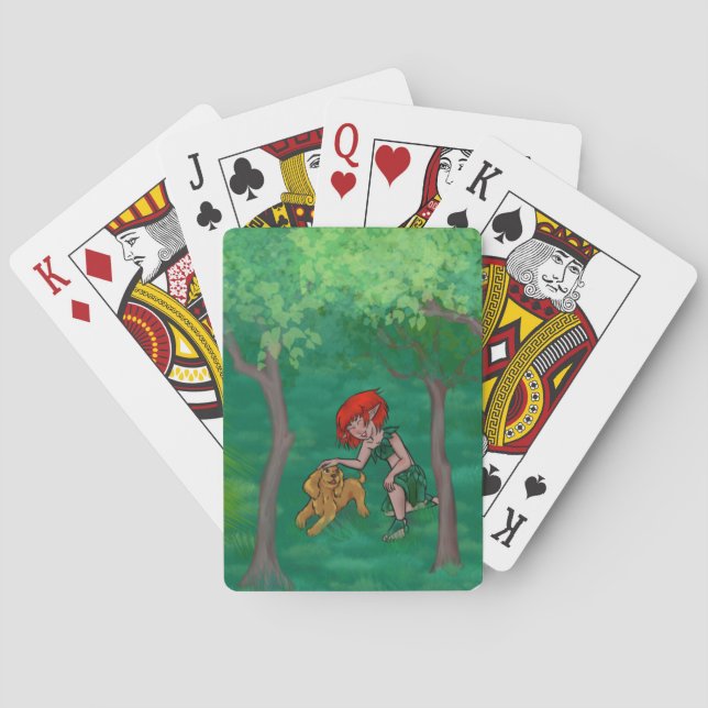 elf girl playing with her puppy dog in the woods playing cards (Back)