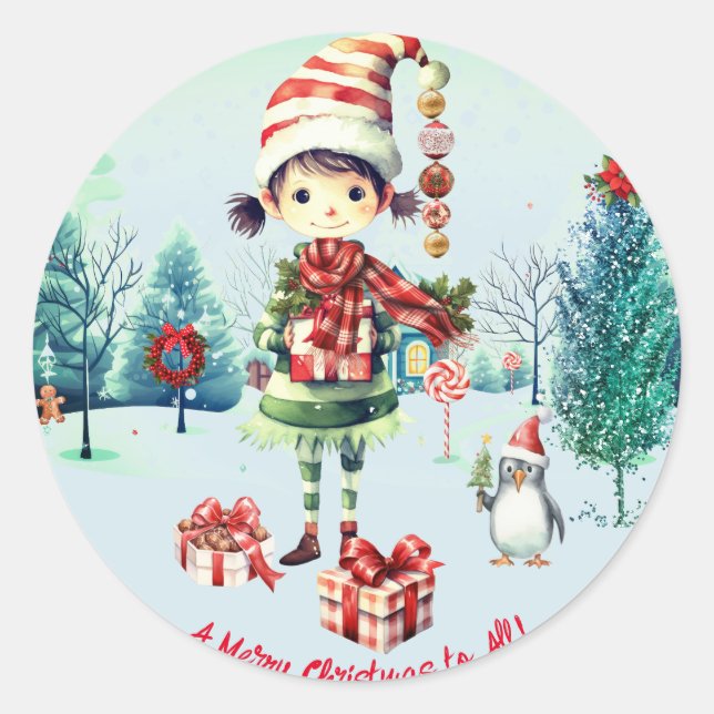 Elf Girl Wreath Ornaments Snow Trees Classic Round Sticker (Front)