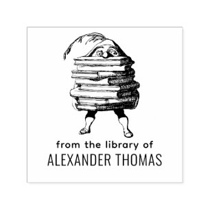 Elf Gnome Carrying Huge Book Stack SQ Library Name Self-inking Stamp