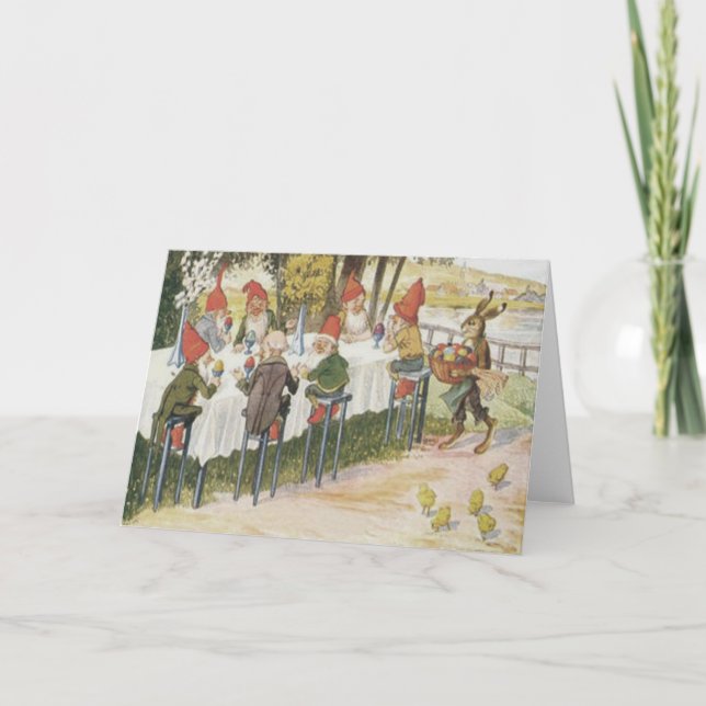 Elf Gnome Easter Bunny Chick Coloured Painted Egg Holiday Card (Front)