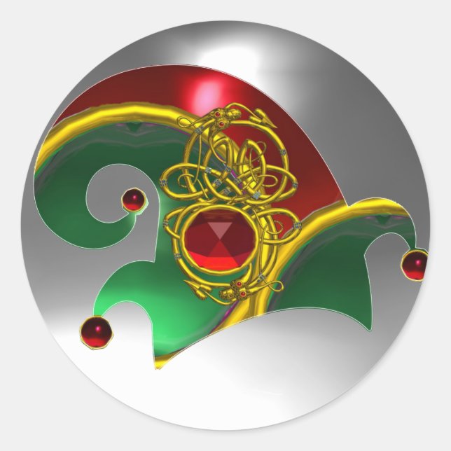 ELF HAT /GOLD JEWELS DIAMOND FEATHERS , GEM STONES CLASSIC ROUND STICKER (Front)