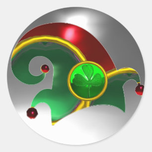 ELF HAT /GOLD JEWELS GREEN SHAMROCK AND GEM STONES CLASSIC ROUND STICKER