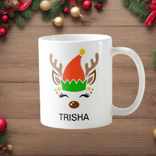 Elf Hat Reindeer Christmas Custom Name Holiday Coffee Mug