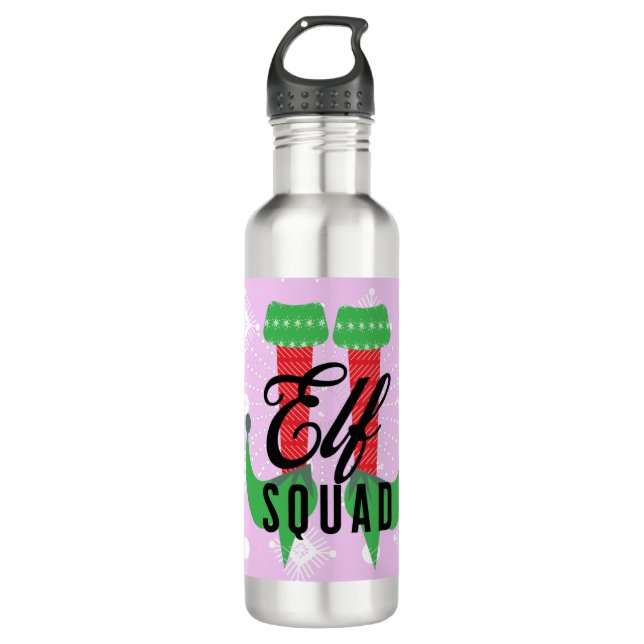 Elf Heels Squad Christmas Holiday Snowflakes Pink 710 Ml Water Bottle (Front)