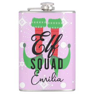 Elf Heels Squad Christmas Holiday Snowflakes Pink Hip Flask