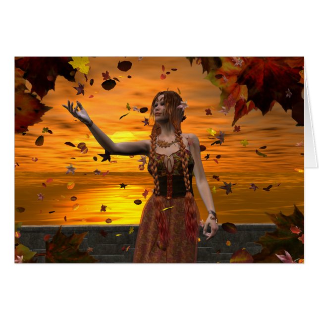 Elf in Falling Leaves Against an Autumn Sunset (Front Horizontal)
