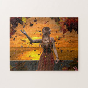 Elf in Falling Leaves Against an Autumn Sunset Jigsaw Puzzle