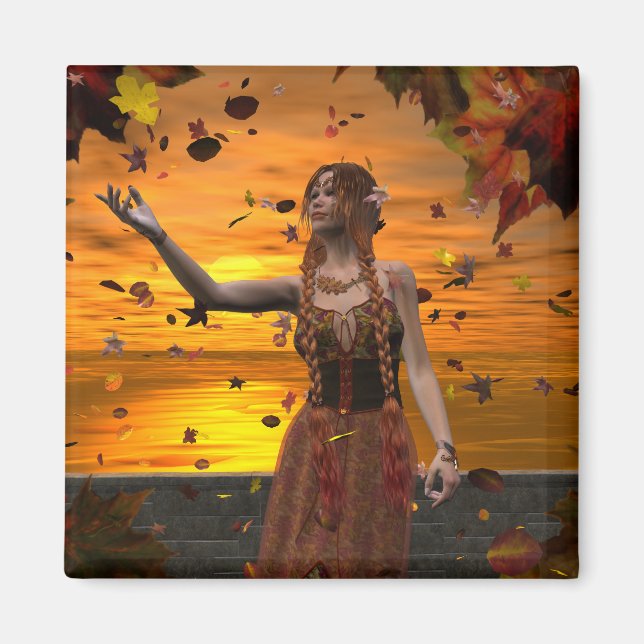 Elf in Falling Leaves Against an Autumn Sunset Magnet (Front)
