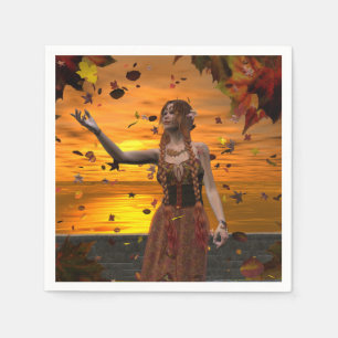 Elf in Falling Leaves Against an Autumn Sunset Napkin