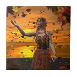 Elf in Falling Leaves Against an Autumn Sunset Tile