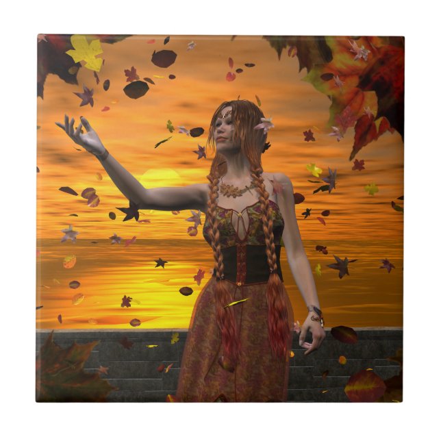 Elf in Falling Leaves Against an Autumn Sunset Tile (Front)