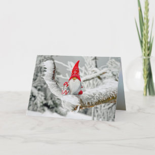 Elf in Ice Storm with Presents and Red Hat Holiday Card