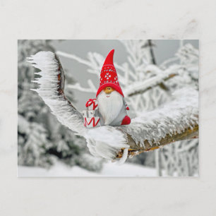 Elf in Ice Storm with Presents and Red Hat Postcard